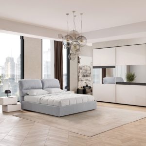 Camera Milva con letto contenitore Sofaback grigio chiaro e armadio scorrevole 2 ante specchiate in cashmere e antracite