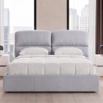 Camera Milva con letto contenitore Sofaback grigio chiaro e armadio scorrevole 2 ante specchiate in cashmere e antracite
