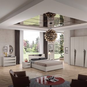 Camera da letto Frida con letto contenitore con inserto a specchio e armadio 6 ante battenti con specchi sagomati cashmere