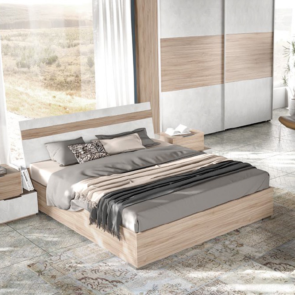 Camera da letto Ludovica con letto contenitore e armadio scorrevole 2 ante con frontale bicolore in noce chiaro e spatolato