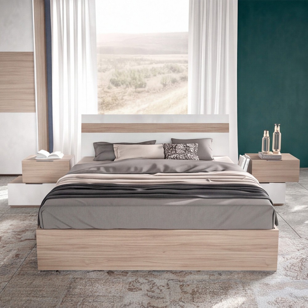 Camera da letto Ludovica con letto contenitore e armadio scorrevole 2 ante con frontale bicolore in noce chiaro e spatolato