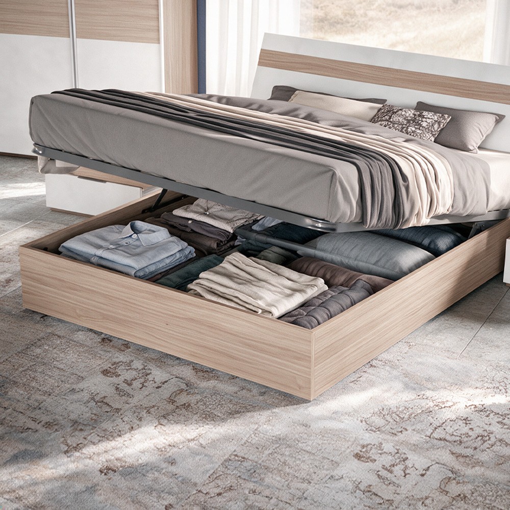 Camera da letto Ludovica con letto contenitore e armadio scorrevole 2 ante con frontale bicolore in noce chiaro e spatolato