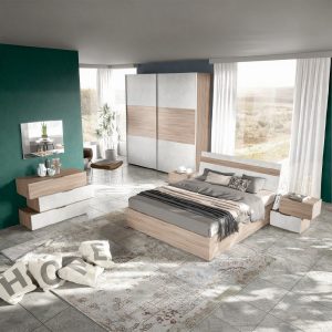 Camera da letto Ludovica con letto contenitore e armadio scorrevole 2 ante con frontale bicolore in noce chiaro e spatolato