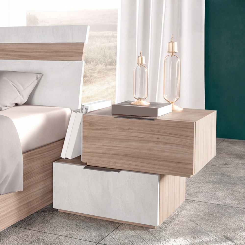 Camera da letto Ludovica con letto contenitore e armadio scorrevole 2 ante con frontale bicolore in noce chiaro e spatolato