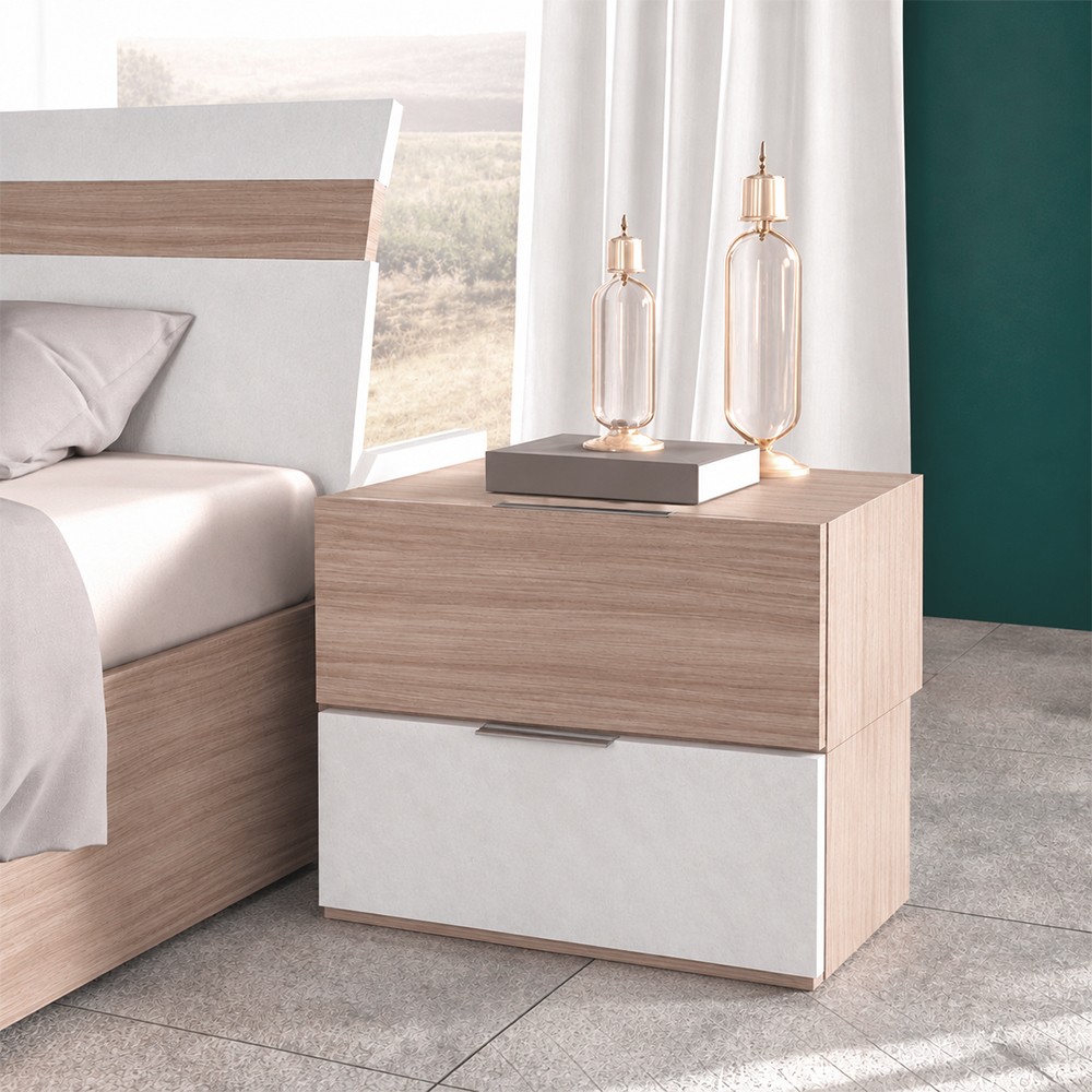 Camera da letto Ludovica con letto contenitore e armadio scorrevole 2 ante con frontale bicolore in noce chiaro e spatolato