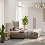 Camera da letto Malena con letto imbottito contenitore e armadio 6 ante in grigio chiaro e vanguard chiaro