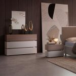 Camera da letto Malena con letto imbottito contenitore e armadio 6 ante in grigio chiaro e vanguard chiaro