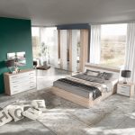 Camera da letto Nike con letto contenitore e armadio 6 ante battenti con specchi in noce chiaro e spatolato