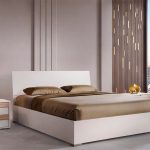 Camera da letto Sabina con letto contenitore in legno e armadio 6 ante battenti in cashmere e noce chiaro