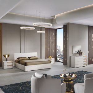 Camera da letto Sabina con letto contenitore in legno e armadio 6 ante battenti in cashmere e noce chiaro