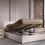 Camera da letto Sabina con letto contenitore in legno e armadio 6 ante battenti in cashmere e noce chiaro