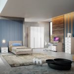 Cameretta Albus con letto in legno 120 cm. e armadio 4 ante battenti e scrivania in olmo perla e larice bianco