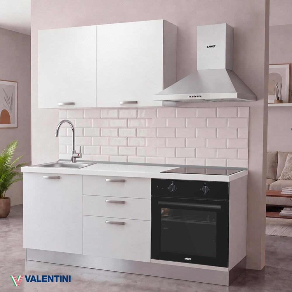Cucina Astinew 180 cm reversibile in bianco poro chiuso con elettrodomestici e piano a induzione Industrie Valentini