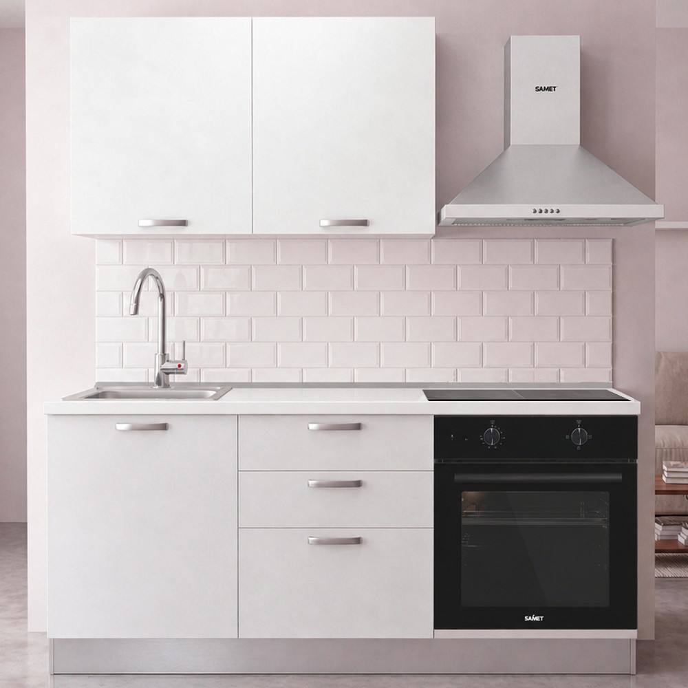 Cucina Astinew 180 cm reversibile in bianco poro chiuso con elettrodomestici e piano a induzione Industrie Valentini