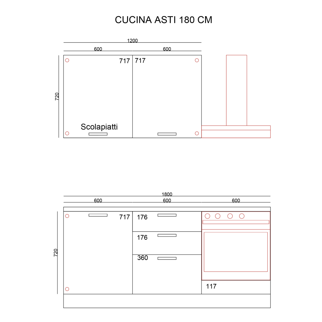 Cucina Astinew 180 cm reversibile in bianco poro chiuso con elettrodomestici e piano a induzione Industrie Valentini
