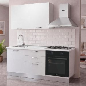 Cucina Astinew 180 cm reversibile in bianco poro chiuso con elettrodomestici inclusi Industrie Valentini