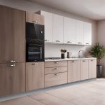 Cucina Meraviglia XL reversibile L 375 cm. con basi e colonne olmo e pensili alti bianco frassinato elettrodomestici inclusi