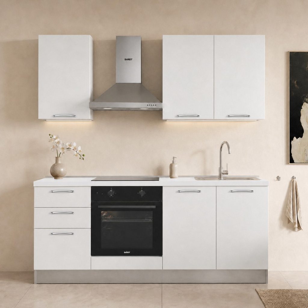 Cucina Taurusnew 195 cm reversibile in bianco poro chiuso con elettrodomestici e piano a induzione Industrie Valentini