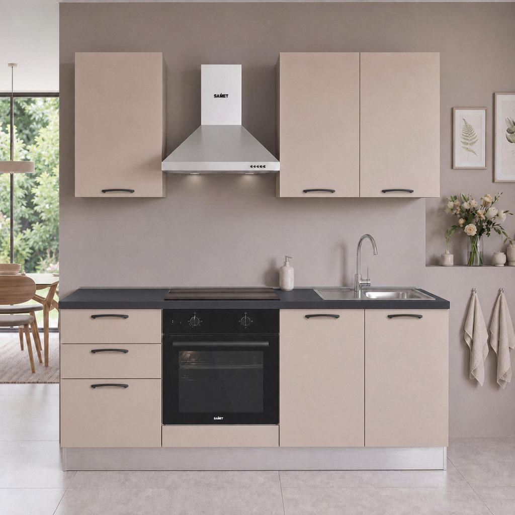 Cucina Taurusnew 195 cm reversibile in cashmere con elettrodomestici inclusi e piano ad induzione Industrie Valentini