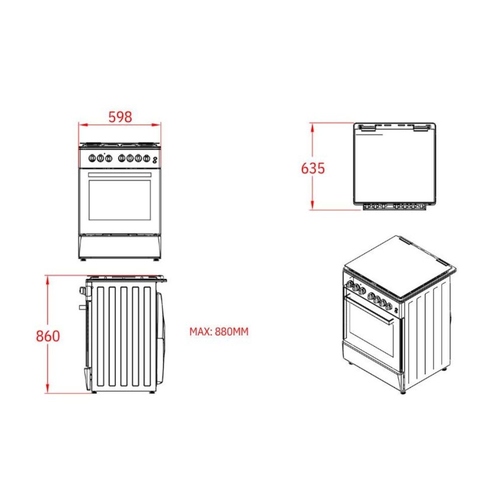Cucina a gas Tremiti 60x60 con forno multifunzione e grill elettrico 70 litri silver e top nero classe A Samet Indomita Line