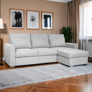 Divano con penisola Elba con letto estraibile e penisola contenitore reversibile in tessuto Neve 80 grigio chiaro