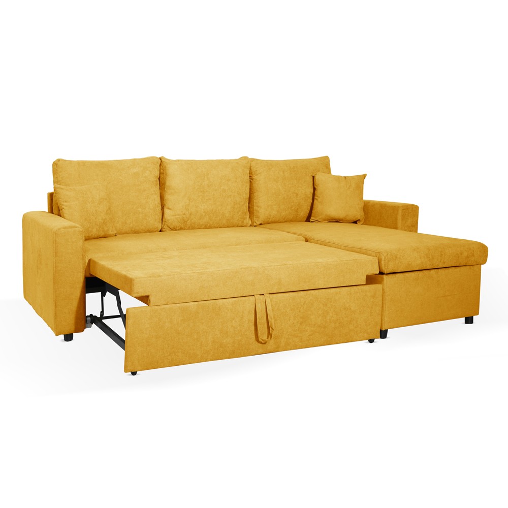 Divano con penisola contenitore reversibile Golf Standard e letto estraibile in tessuto Verità 53 senape