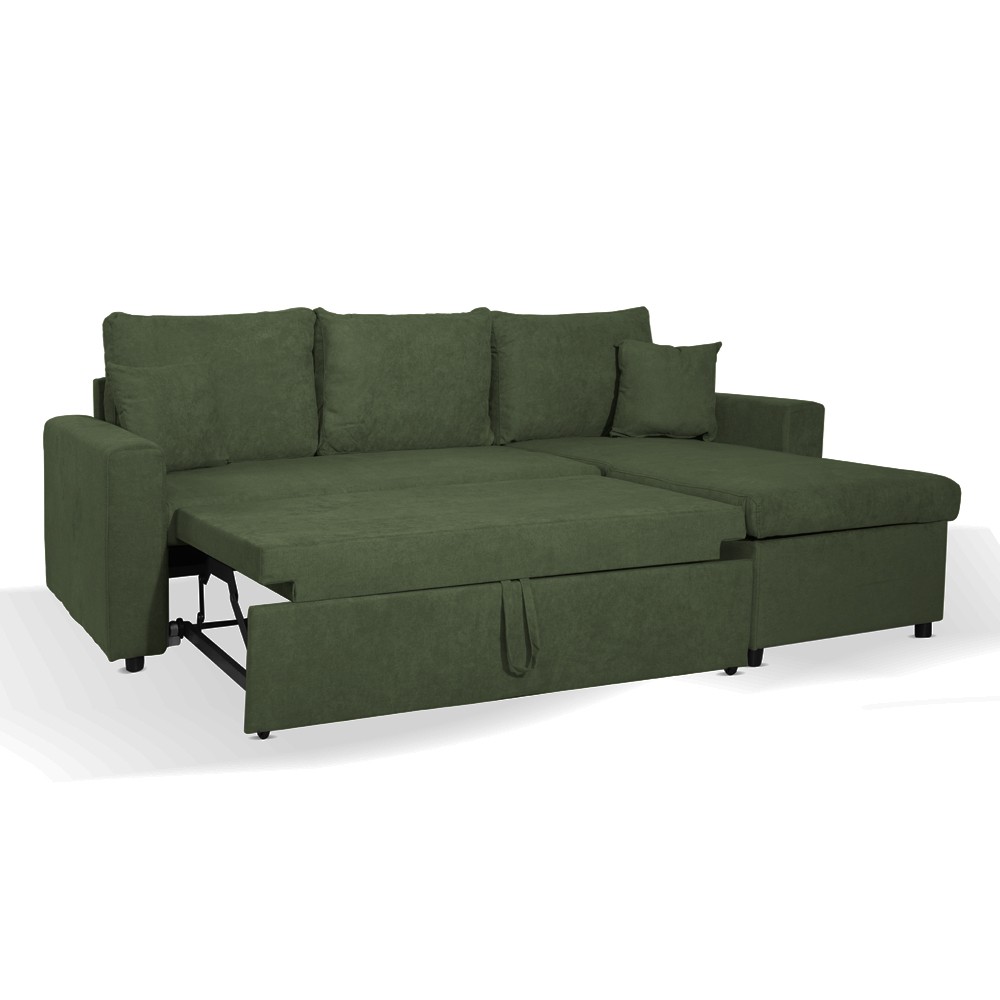 Divano con penisola contenitore reversibile Golf e letto estraibile in tessuto Verita 34 verde muschio