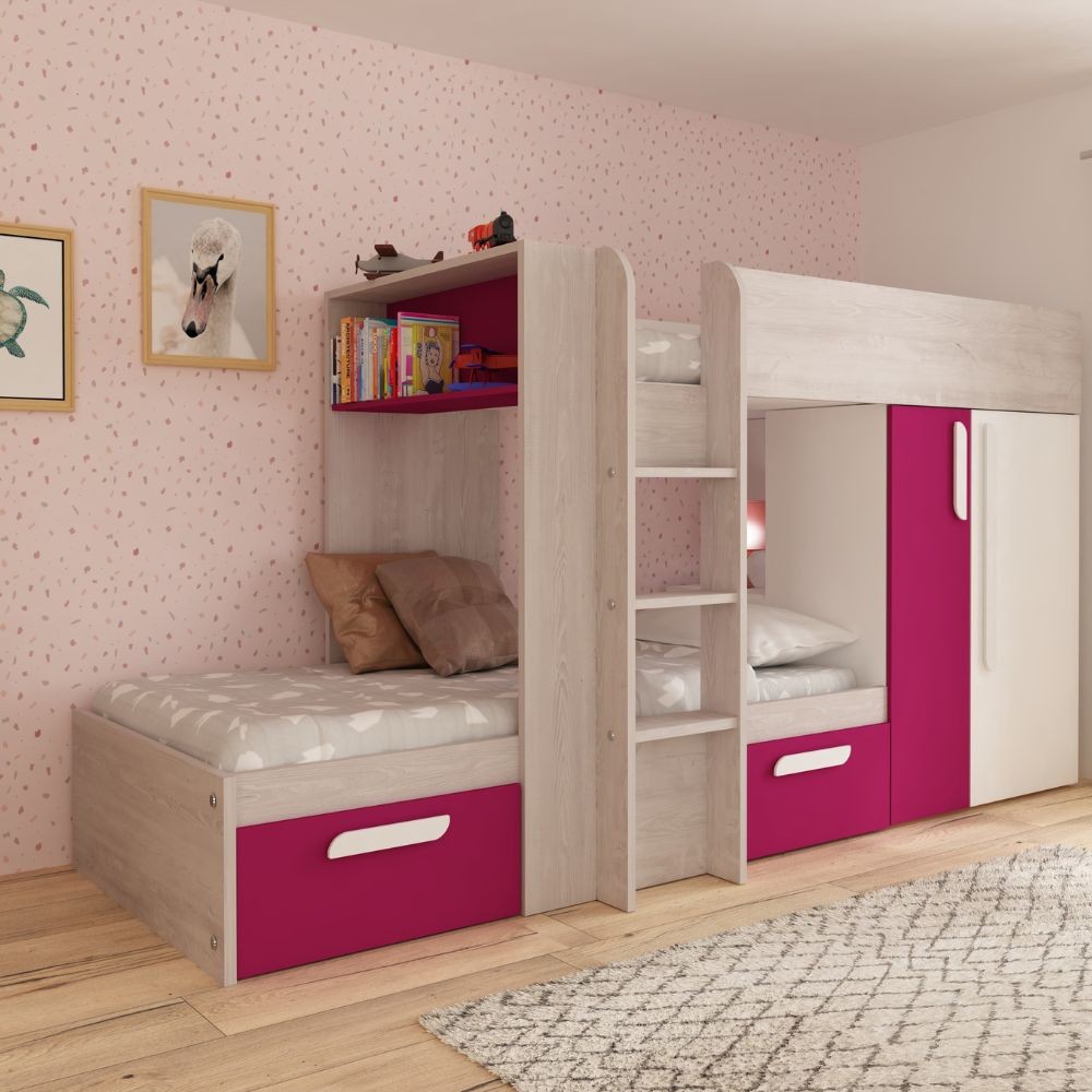 Letto a castello 1298 reversibile con armadio e 2 cassetti bianco consumato e fucsia