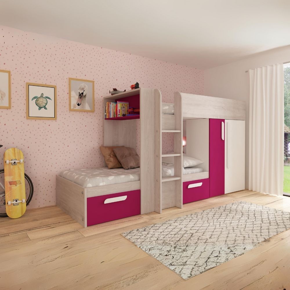 Letto a castello 1298 reversibile con armadio e 2 cassetti bianco consumato e fucsia