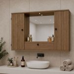 Specchiera bagno con 2 ante e ribalta colore noce naturale