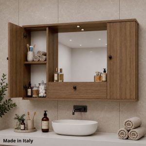 Specchiera bagno con 2 ante e ribalta colore noce naturale