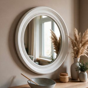 Specchio decorativo da parete MR512 rotondo con cornice con bordo interno perlinato bianco