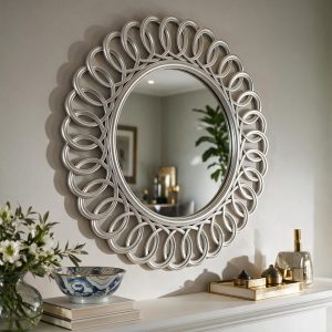 Specchio decorativo da parete MR741 rotondo con cornice con dettagli circolari 60x60 cm. silver