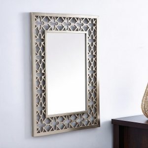 Specchio decorativo da parete MRHW8903 rettangolare con cornice con motivo traforato a quadrifoglio champagne