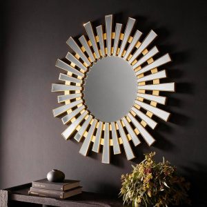 Specchio decorativo da parete MRTDYY20217GOLD rotondo con cornice a raggiera con elementi in oro e vetro specchiato