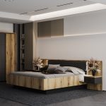 Struttura letto matrimoniale Esteban296 con testiera a boiserie dogata con luci LED e comodini integrati in rovere e antracite
