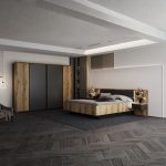 Struttura letto matrimoniale Esteban296 con testiera a boiserie dogata con luci LED e comodini integrati in rovere e antracite