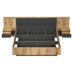Struttura letto matrimoniale Esteban296 con testiera a boiserie dogata con luci LED e comodini integrati in rovere e antracite