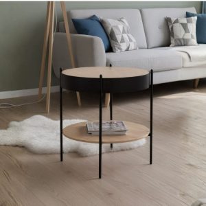 Tavolino tondo multifunzionale Trelleborg88B con vano contenitore in artisan oak e nero