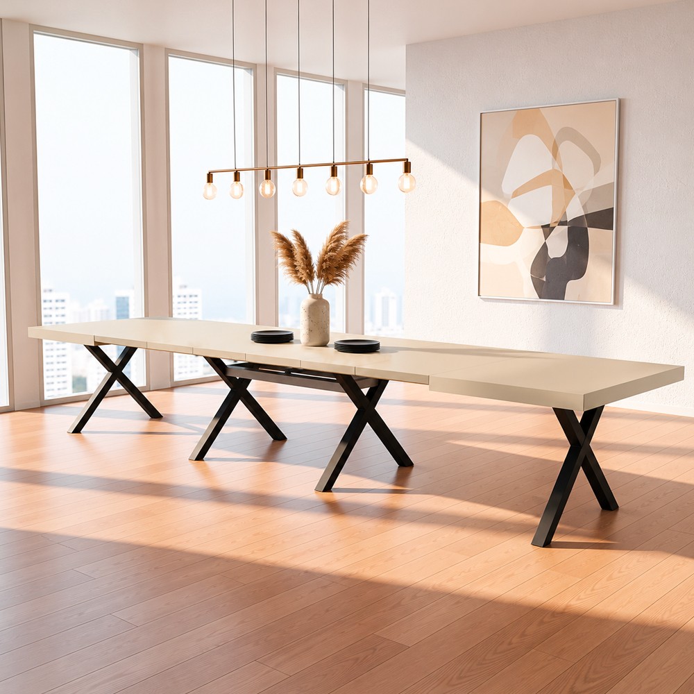 Tavolo Milonga410 160x90 cm. allungabile 410 cm con piano in cashmere e gambe incrociate antracite