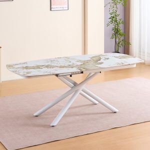 Tavolo girevole automatico allungabile Astrid con piano in ceramica effetto marmo arabesque gloss M317 con gambe colore bianco
