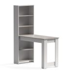 Tavolo penisola Mojo02 con libreria inclusa in bianco e piano cemento