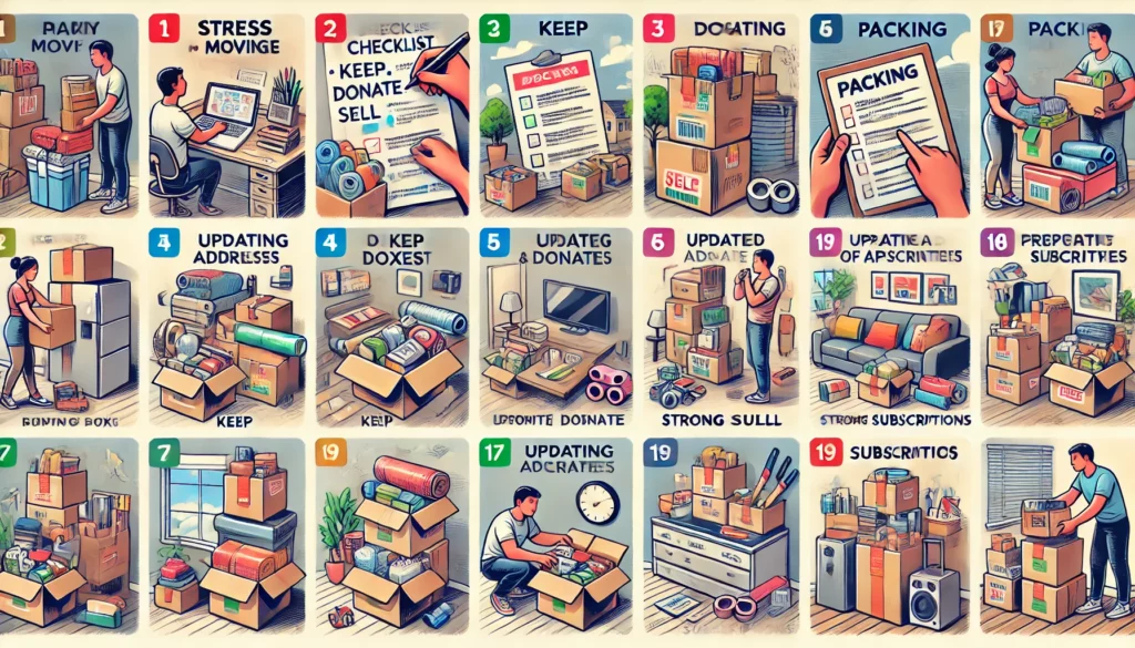 DALL·E 2024-07-05 09.31.30 - A stress-free moving guide showing various stages of planning and packing with no text or letters at all. The first image depicts a person creating a