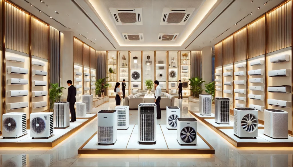 DALL·E 2024-07-15 09.52.46 - A large, elegant showroom displaying a wide variety of portable air conditioners. The room is very spacious, with modern decor and ample lighting. Num