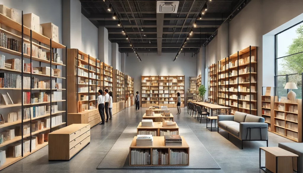 DALL·E 2024-07-23 09.50.00 - A spacious and well-organized showroom displaying a variety of used bookshelves of different sizes and styles. The showroom features clean, modern she