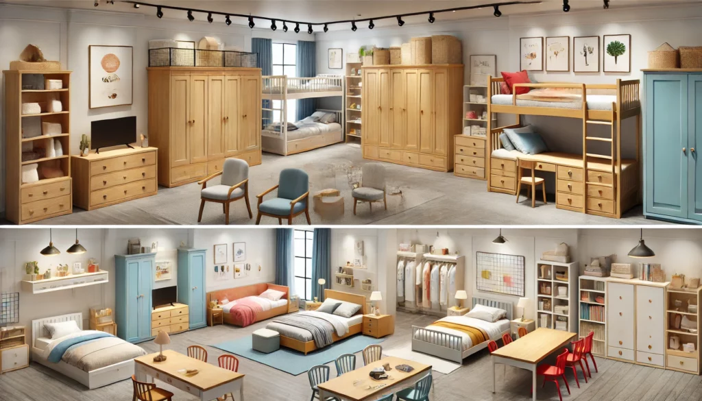 DALL·E 2024-07-29 09.35.06 - A showroom featuring various styles of children's bedrooms. The scene includes single beds, bunk beds, spacious wardrobes, dressers, desks, chairs, an