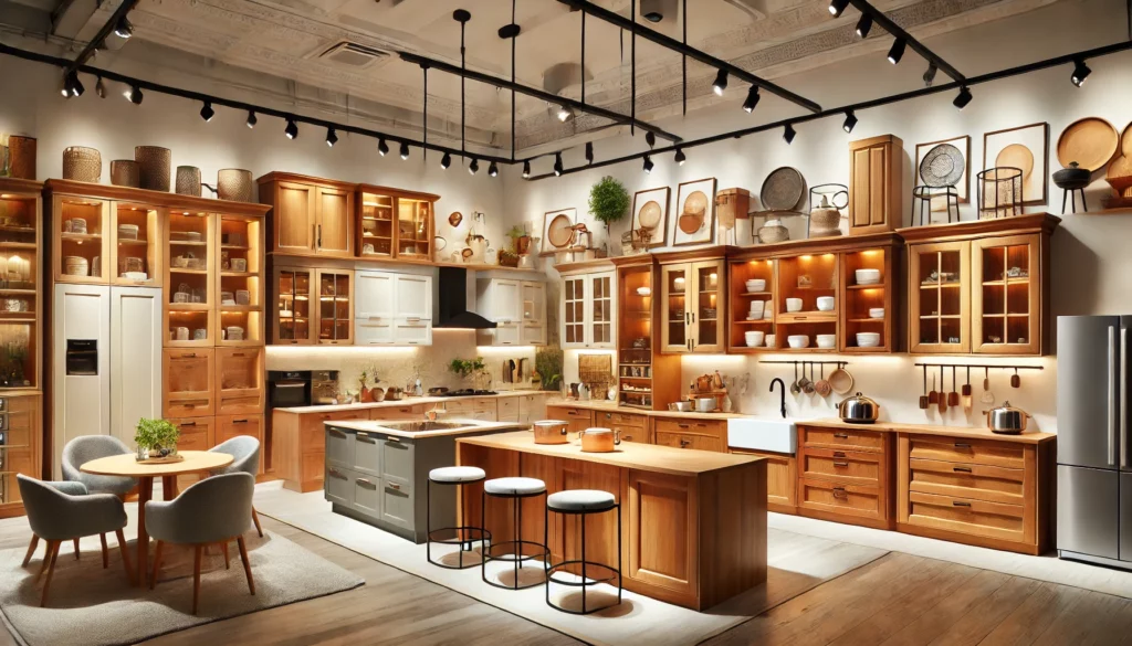 DALL·E 2024-08-12 10.49.51 - A beautifully arranged kitchen showroom displaying a variety of kitchen cabinets. The space is well-lit with modern, stylish lighting. The cabinets on