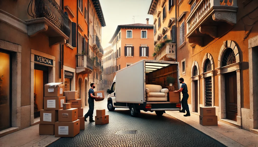 DALL·E 2024-10-14 08.50.54 - A moving scene in Verona with fewer boxes and a small moving van parked next to an Italian-style building. The movers are carefully loading just a few