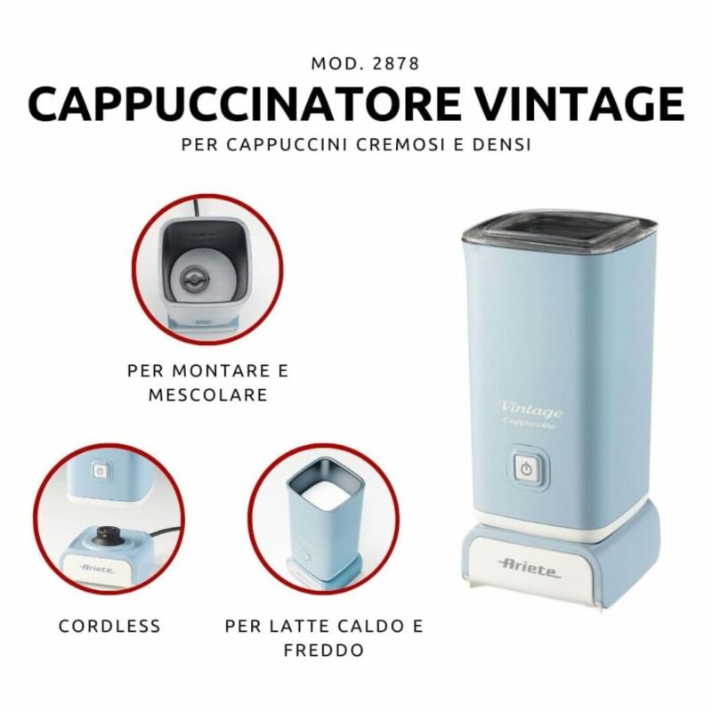 Ariete Montalatte elettrico Capacità 140/250 ml Potenza 500 Watt Monta o Riscalda il latte Colore Celeste - Cappuccino Vintage 2878 - immagine 2