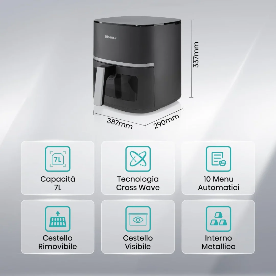 Friggitrice ad Aria Hisense Capacità 7 Litri Potenza 1800 Watt con Finestra e Controlli Touch colore Nero - HAF1900D - immagine 3